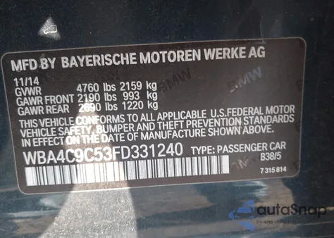 2015 BMW 428 Xi Gran Coupe Sulev z USA, uszkodzony, nr VIN WBA4C9C53FD331240